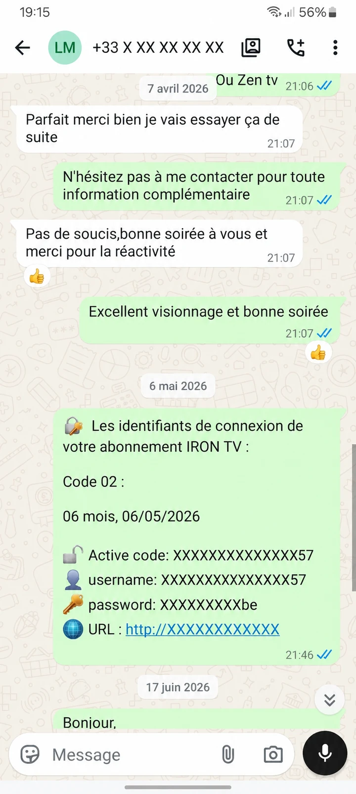 Échange WhatsApp anonymisé du 7 avril 2026 : Pas de soucis, bonne soirée à vous et merci pour la réactivité