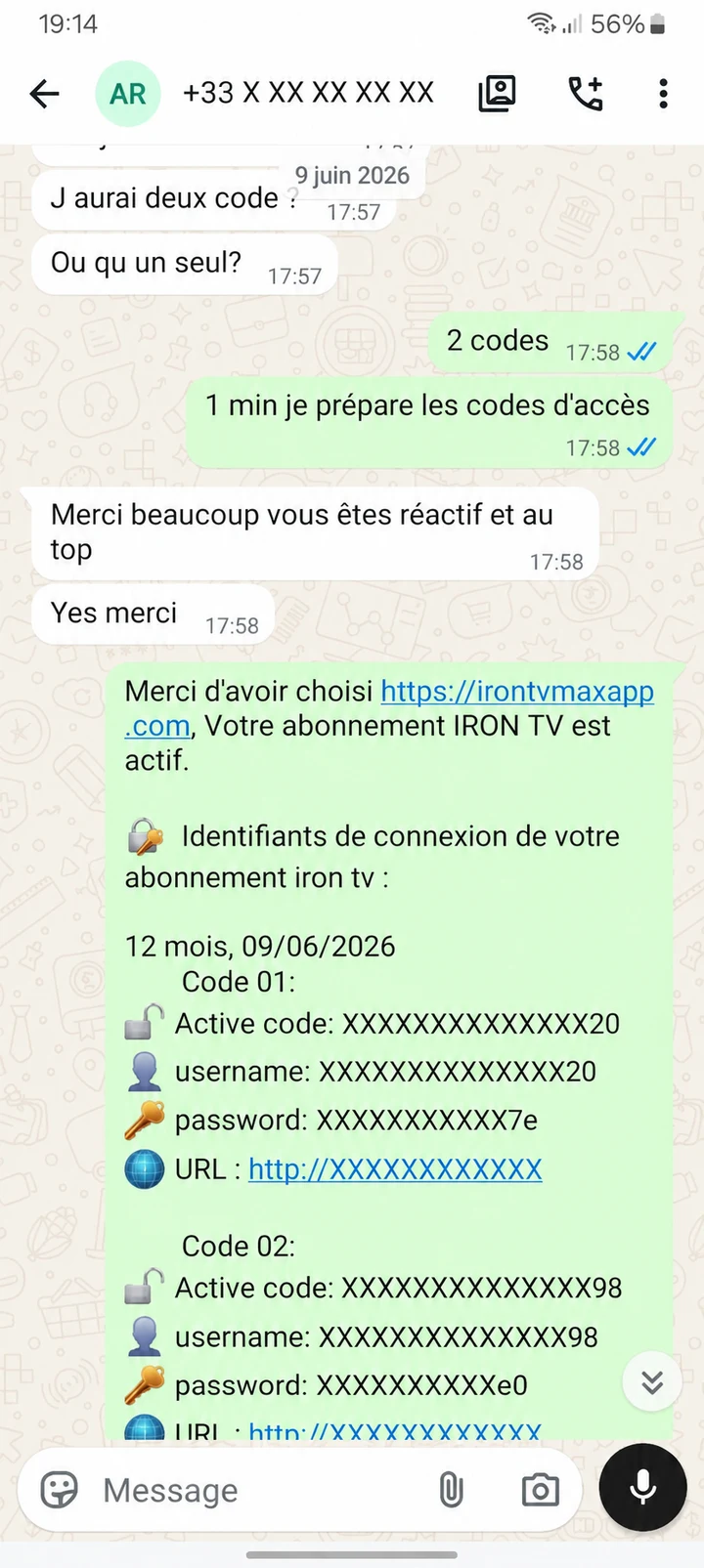 Échange WhatsApp anonymisé du 9 juin 2026 : Merci beaucoup vous êtes réactif et au top