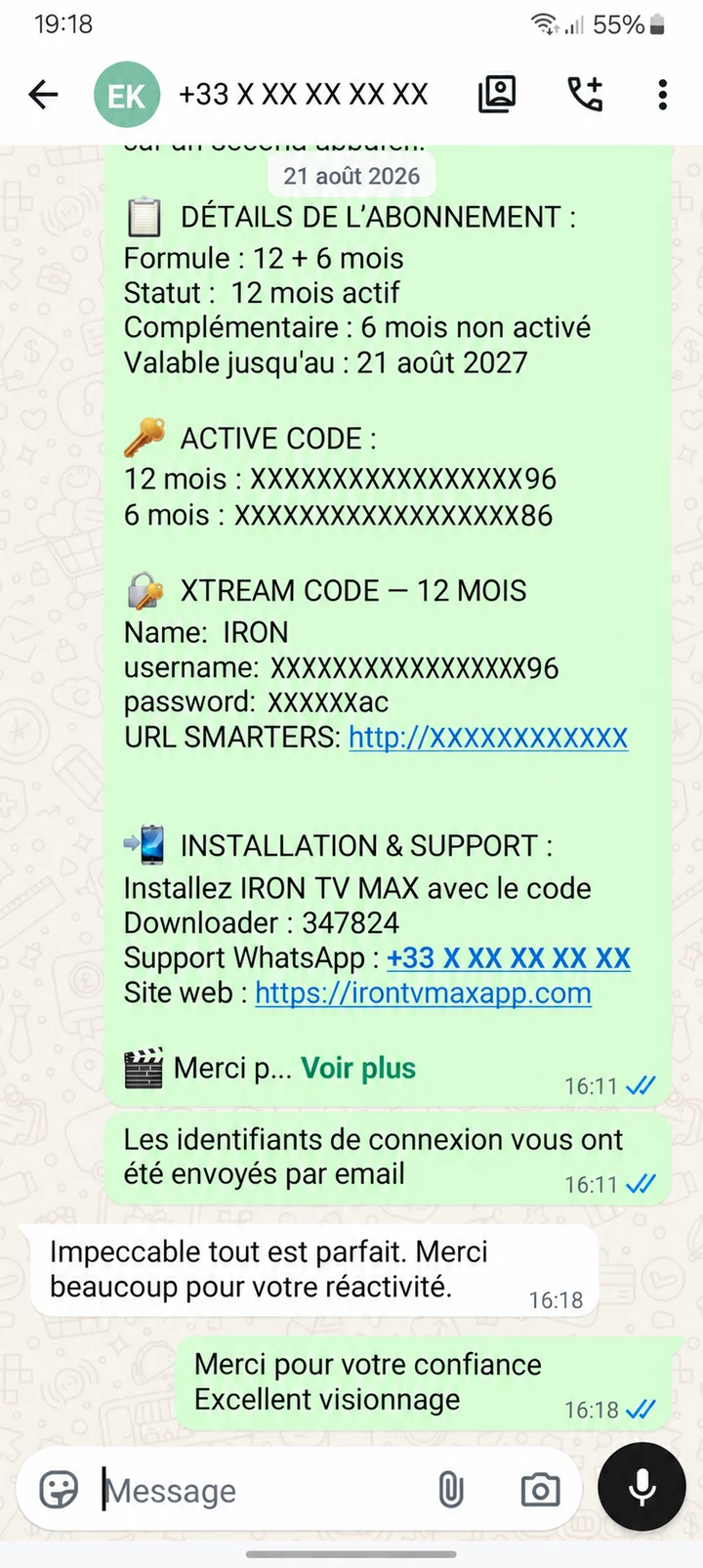 Échange WhatsApp anonymisé du 21 août 2026 : Impeccable tout est parfait. Merci beaucoup pour votre réactivité.